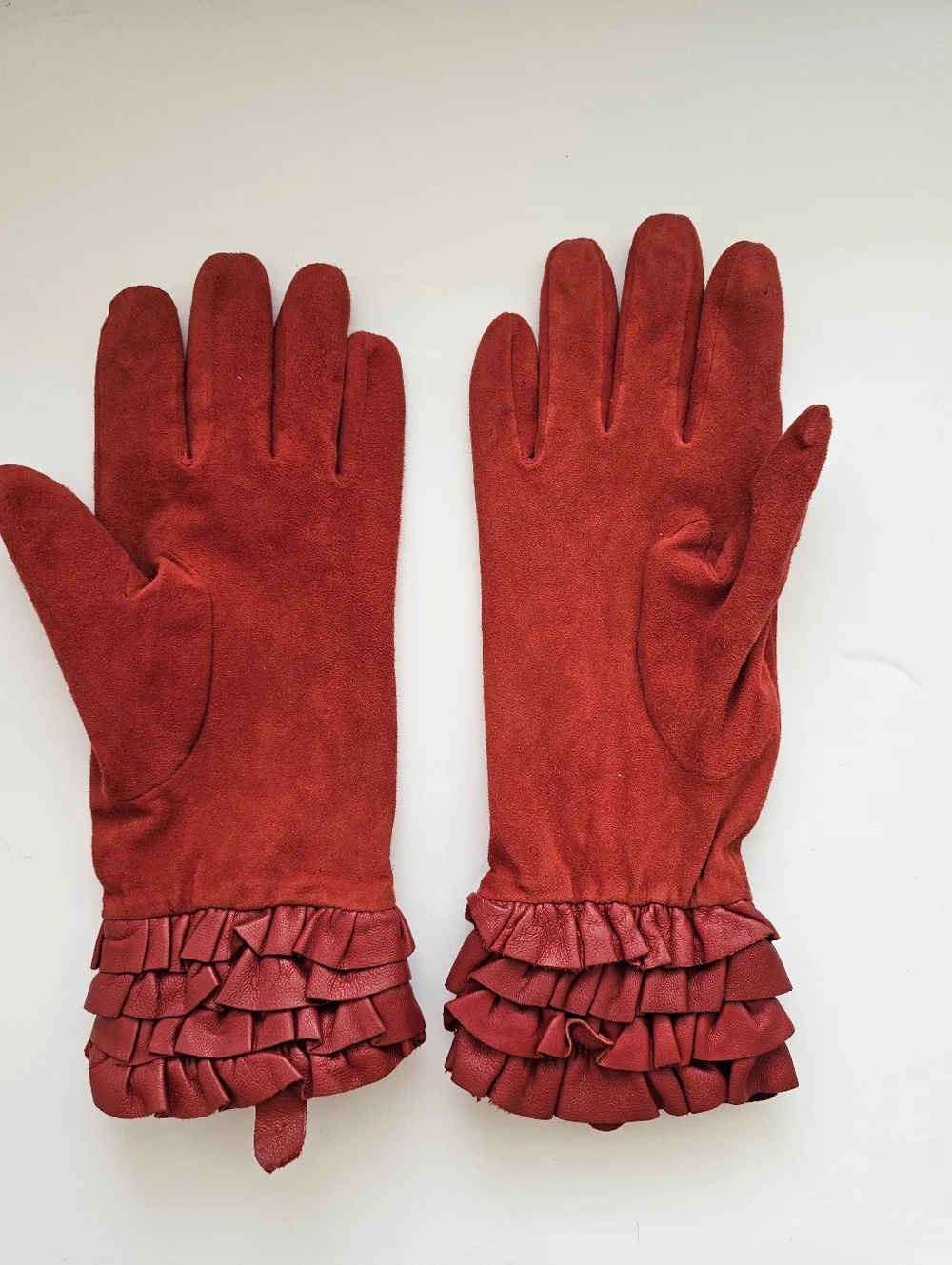 Renees NYC Crimson Red Suede Gloves Leather Ruffle Cuff Size L
